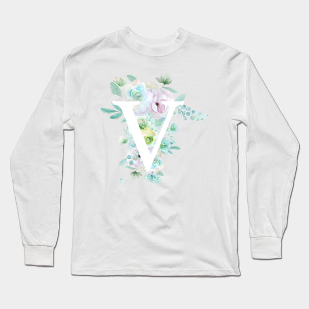 Botanical alphabet V green and purple flowers Long Sleeve T-Shirt by colorandcolor